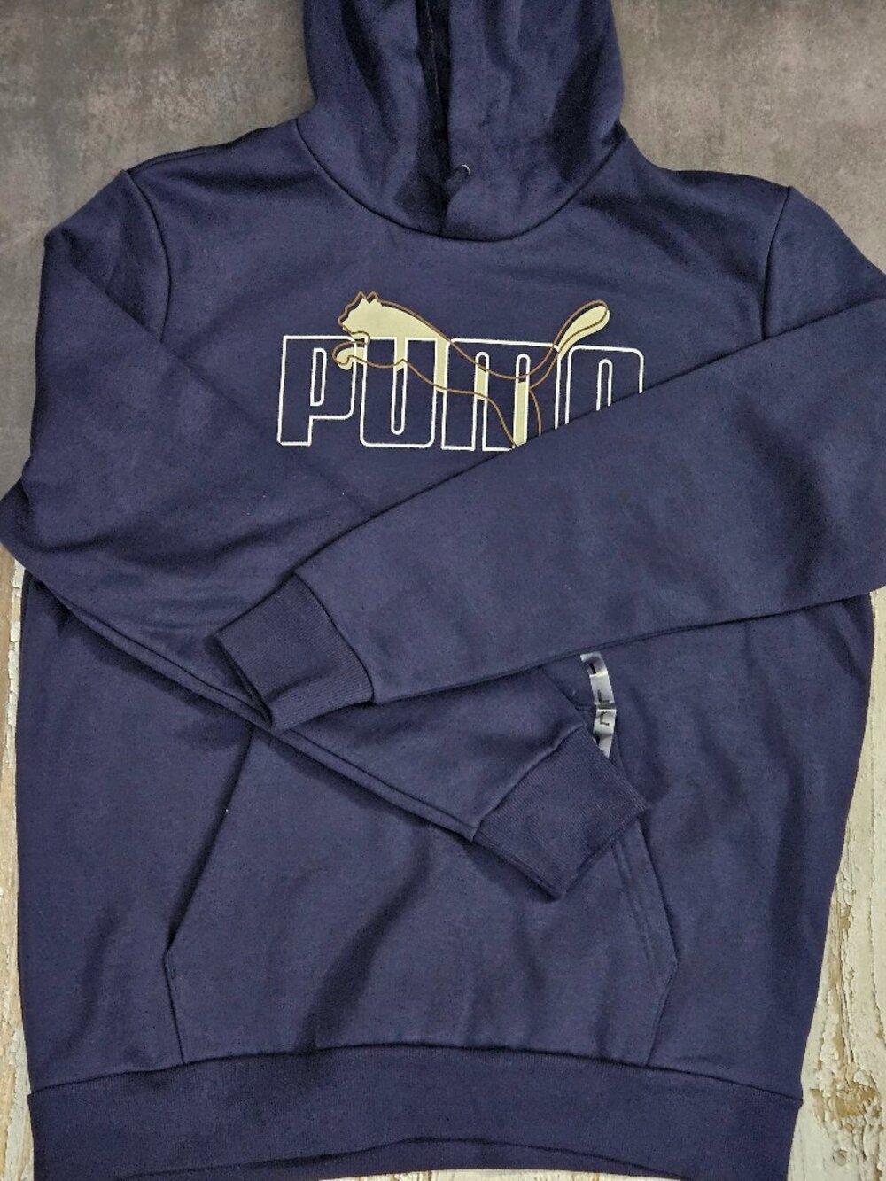 Puma Men's Navy Blue Pullover Hoodie Large NWT Beige Logo Sweatshirt